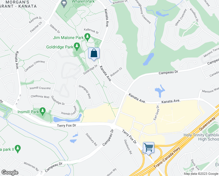 map of restaurants, bars, coffee shops, grocery stores, and more near 9 Macassa Circle in Ottawa