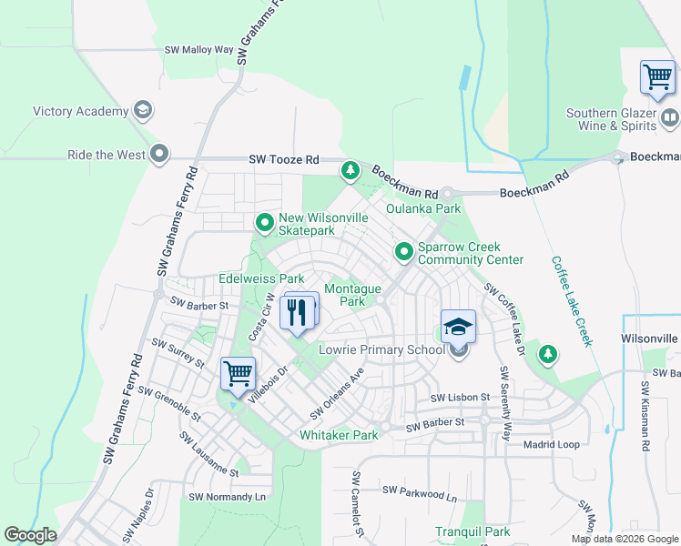 map of restaurants, bars, coffee shops, grocery stores, and more near 29079 Southwest Costa Circle East in Wilsonville