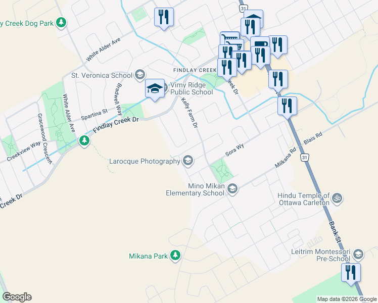 map of restaurants, bars, coffee shops, grocery stores, and more near 126 Helen Rapp Way in Ottawa