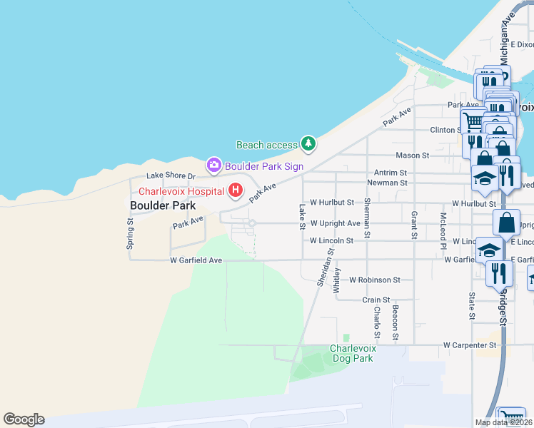 map of restaurants, bars, coffee shops, grocery stores, and more near 14591-14611 West Upright Avenue in Charlevoix