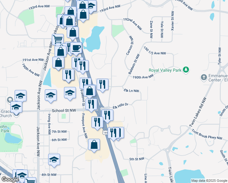 map of restaurants, bars, coffee shops, grocery stores, and more near 18869 Dodge Street Northwest in Elk River