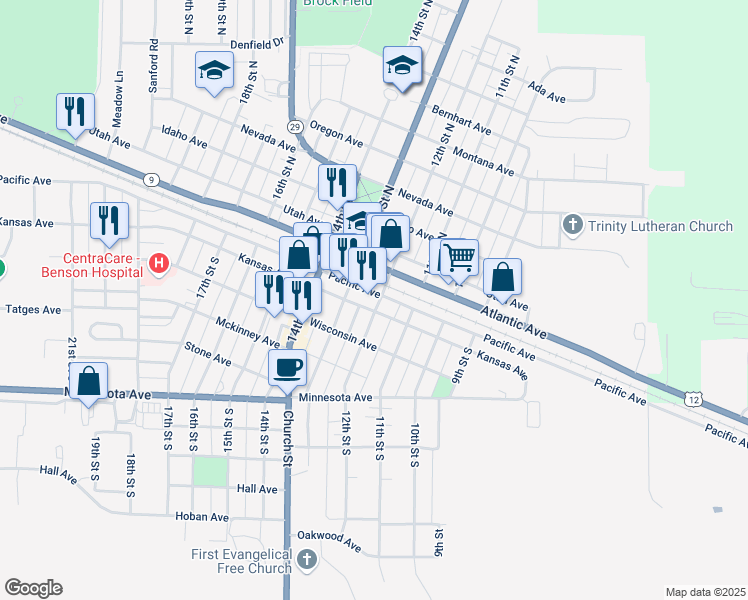 map of restaurants, bars, coffee shops, grocery stores, and more near 1207 Pacific Avenue in Benson