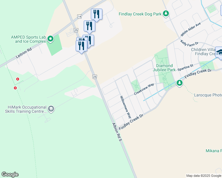 map of restaurants, bars, coffee shops, grocery stores, and more near 990 Bunchberry Way in Ottawa