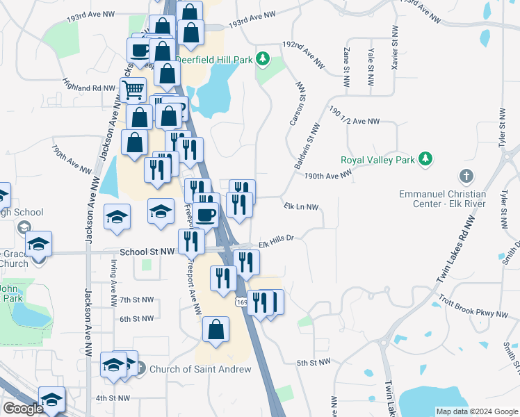 map of restaurants, bars, coffee shops, grocery stores, and more near 18869 Dodge Street Northwest in Elk River