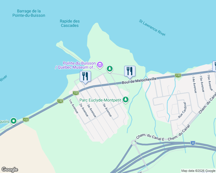 map of restaurants, bars, coffee shops, grocery stores, and more near 8e Avenue in Beauharnois
