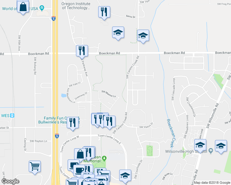 map of restaurants, bars, coffee shops, grocery stores, and more near 8195 Southwest Maxine Lane in Wilsonville