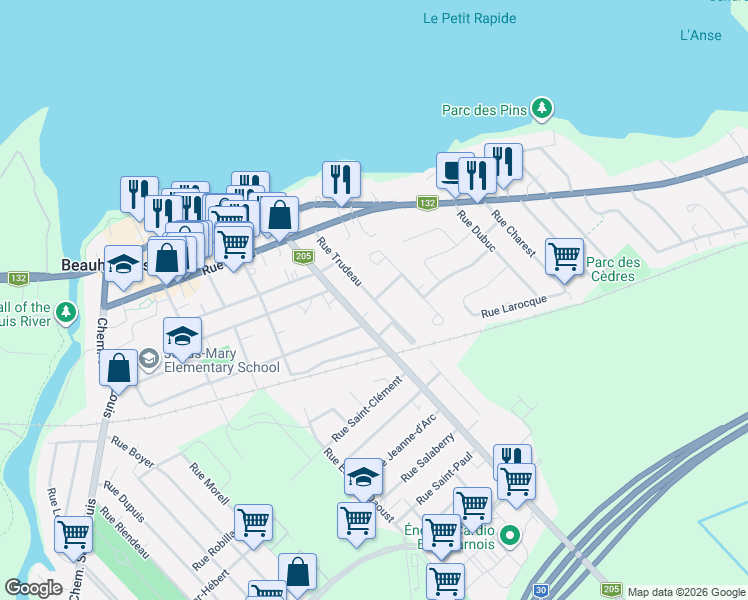 map of restaurants, bars, coffee shops, grocery stores, and more near 53 Rue Trudeau in Beauharnois
