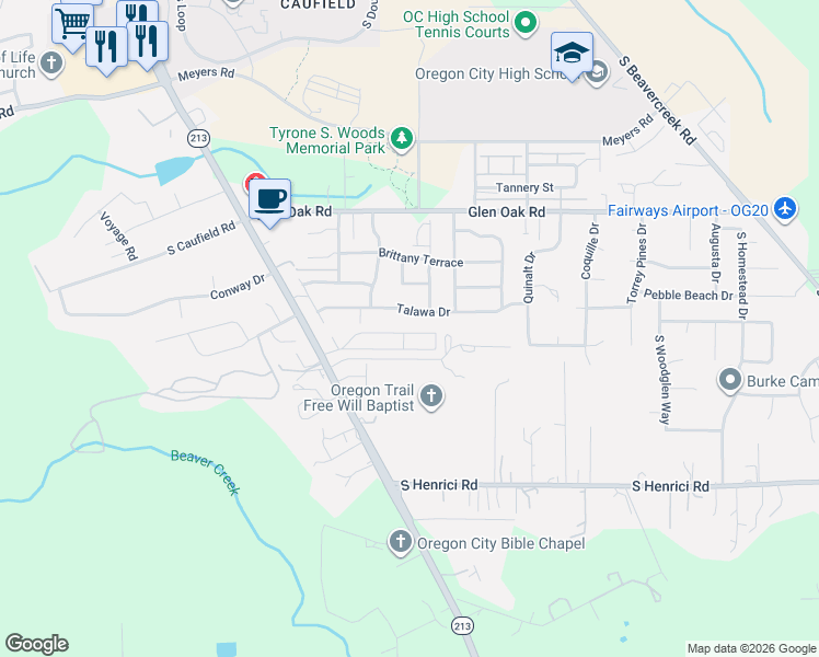 map of restaurants, bars, coffee shops, grocery stores, and more near 20248 Oregon 213 in Oregon City