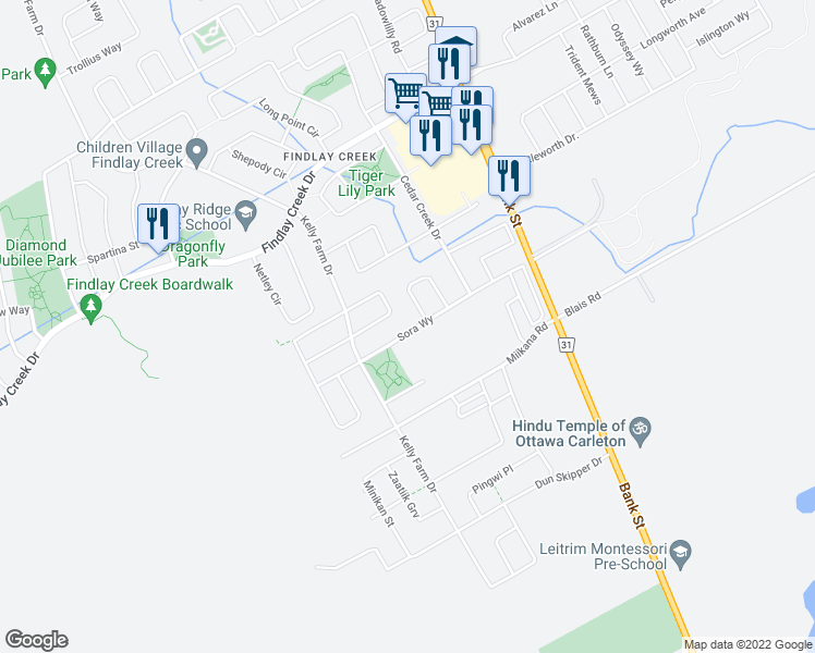 map of restaurants, bars, coffee shops, grocery stores, and more near 626 Sora Way in Ottawa