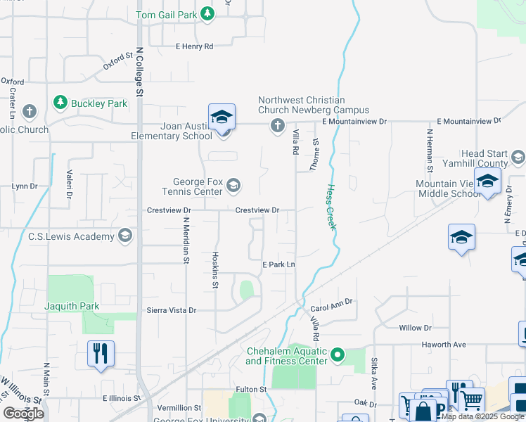 map of restaurants, bars, coffee shops, grocery stores, and more near 2525 Allison Lane in Newberg