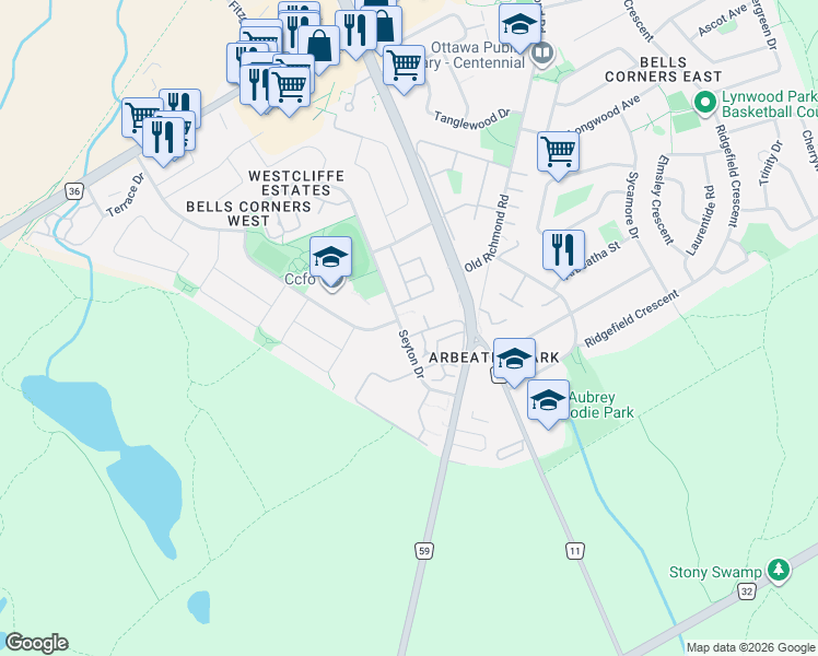 map of restaurants, bars, coffee shops, grocery stores, and more near 86F Seyton Drive in Ottawa