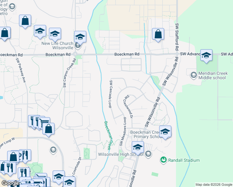 map of restaurants, bars, coffee shops, grocery stores, and more near 28580 Southwest Cascade Loop in Wilsonville