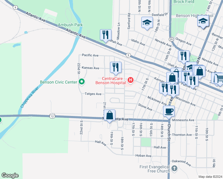 map of restaurants, bars, coffee shops, grocery stores, and more near 2025 Mckinney Avenue in Benson