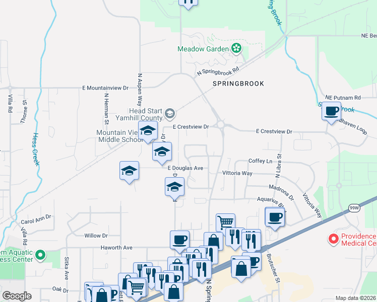 map of restaurants, bars, coffee shops, grocery stores, and more near 1904 North Cedar Street in Newberg
