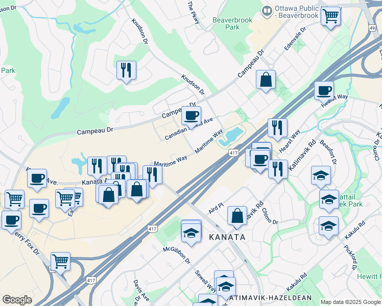 map of restaurants, bars, coffee shops, grocery stores, and more near in Ottawa