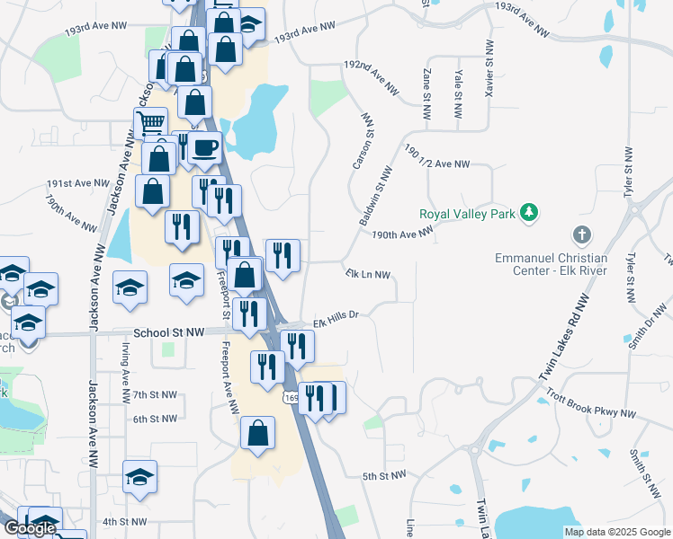 map of restaurants, bars, coffee shops, grocery stores, and more near 11344 Elk Lane Northwest in Elk River