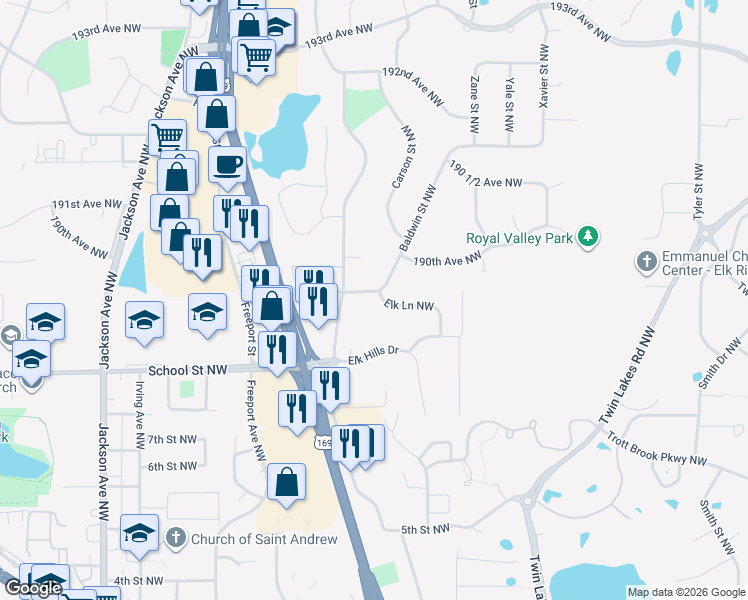 map of restaurants, bars, coffee shops, grocery stores, and more near 11344 Elk Lane Northwest in Elk River