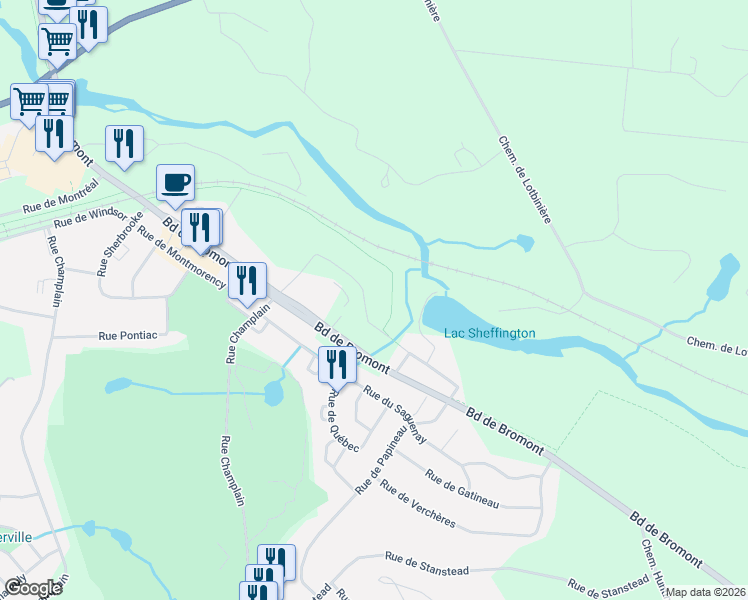 map of restaurants, bars, coffee shops, grocery stores, and more near 110 Rue de Joliette in Bromont