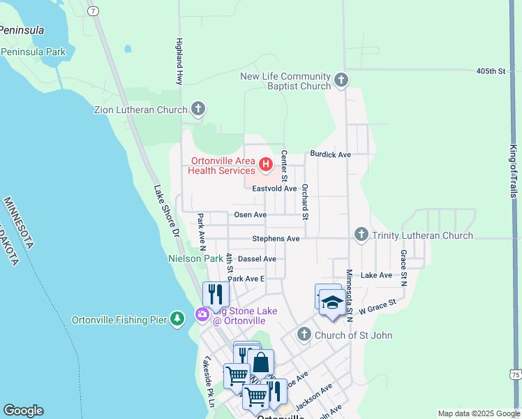 map of restaurants, bars, coffee shops, grocery stores, and more near 424 Osen Avenue in Ortonville