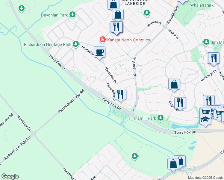 map of restaurants, bars, coffee shops, grocery stores, and more near Tillsonburg Street in Ottawa