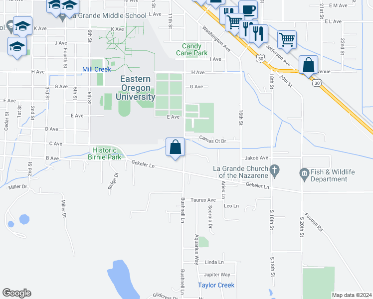map of restaurants, bars, coffee shops, grocery stores, and more near 2005 Gekeler Lane in La Grande