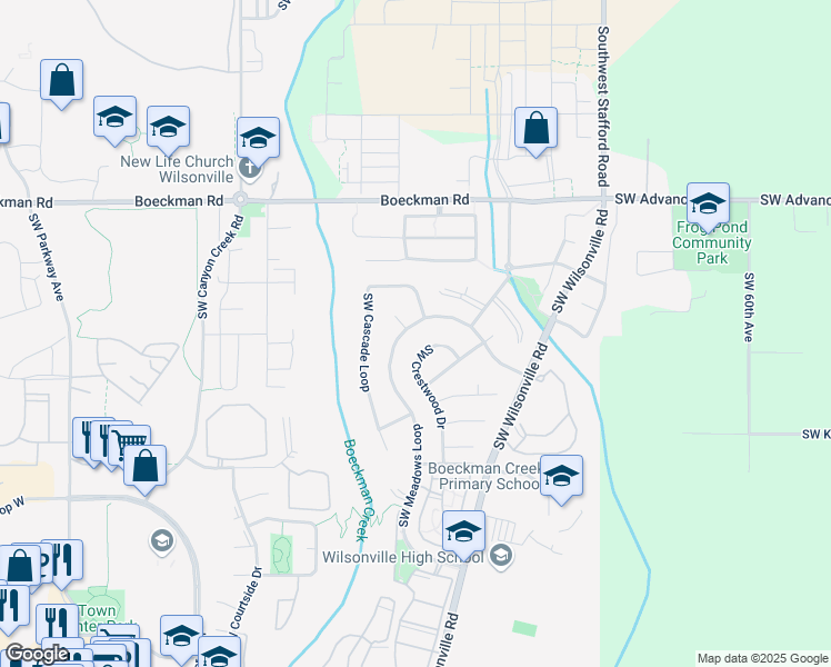 map of restaurants, bars, coffee shops, grocery stores, and more near 28645 Southwest Crestwood Drive in Wilsonville