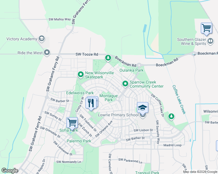 map of restaurants, bars, coffee shops, grocery stores, and more near 29079 Southwest Costa Circle East in Wilsonville