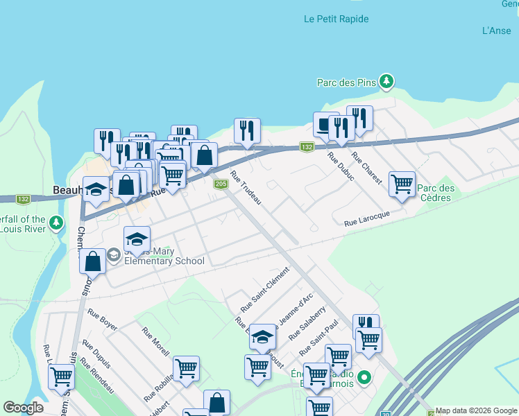 map of restaurants, bars, coffee shops, grocery stores, and more near 39 Rue Trudeau in Beauharnois