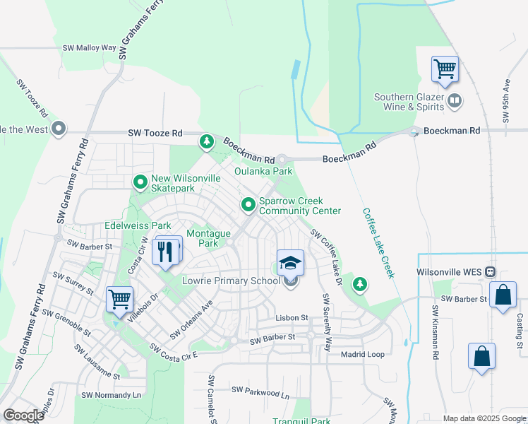 map of restaurants, bars, coffee shops, grocery stores, and more near 10899 Southwest Stockholm Drive in Wilsonville