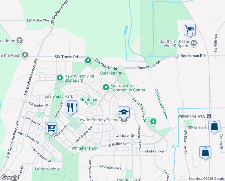 map of restaurants, bars, coffee shops, grocery stores, and more near 10899 Southwest Stockholm Drive in Wilsonville