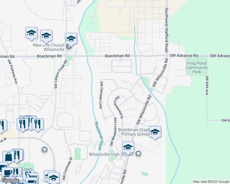 map of restaurants, bars, coffee shops, grocery stores, and more near 28645 Southwest Crestwood Drive in Wilsonville