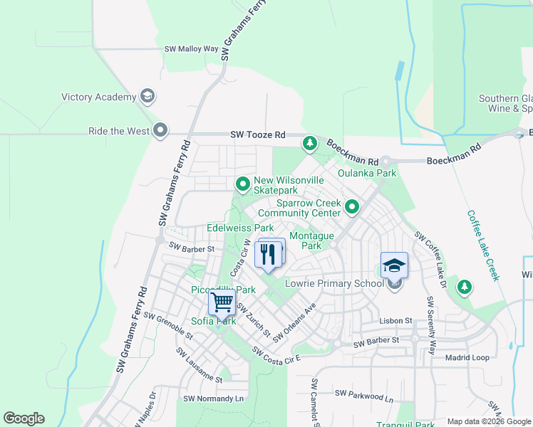 map of restaurants, bars, coffee shops, grocery stores, and more near 28533 Southwest Orleans Avenue in Wilsonville