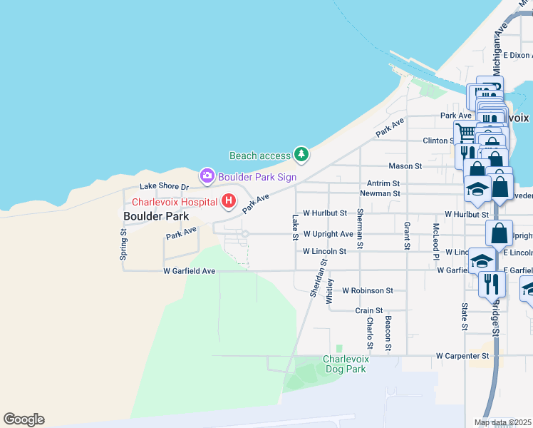 map of restaurants, bars, coffee shops, grocery stores, and more near 601-14589 West Upright Avenue in Charlevoix