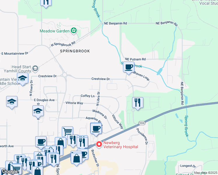 map of restaurants, bars, coffee shops, grocery stores, and more near 1926 Westlake Loop in Newberg