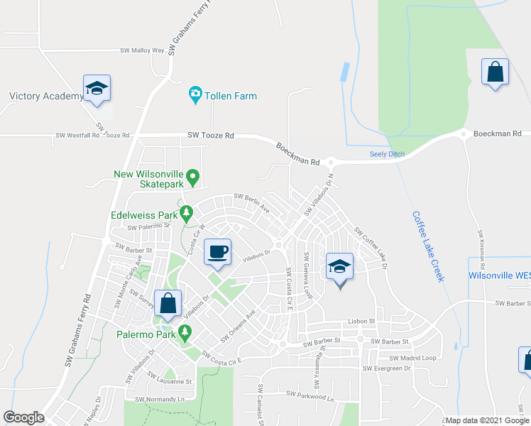 map of restaurants, bars, coffee shops, grocery stores, and more near 11124 Southwest Berlin Avenue in Wilsonville