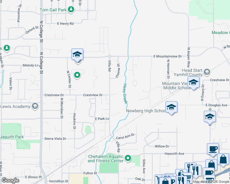 map of restaurants, bars, coffee shops, grocery stores, and more near in Newberg