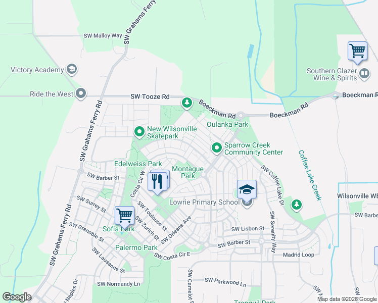 map of restaurants, bars, coffee shops, grocery stores, and more near 28528 Southwest Dundee Lane in Wilsonville