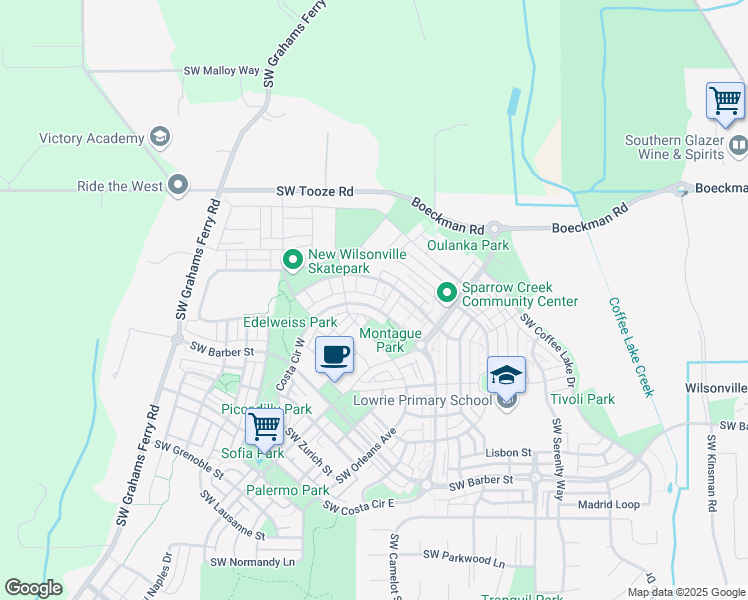map of restaurants, bars, coffee shops, grocery stores, and more near 29070 Southwest Costa Circle West in Wilsonville