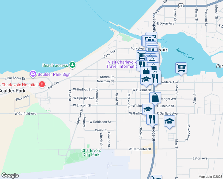 map of restaurants, bars, coffee shops, grocery stores, and more near 599 MC Cleod Place in Charlevoix