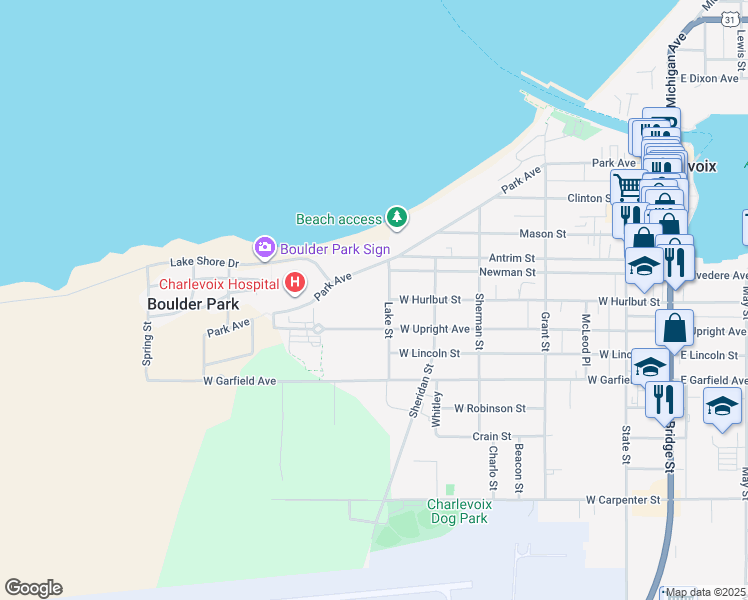 map of restaurants, bars, coffee shops, grocery stores, and more near 601-14589 West Upright Avenue in Charlevoix