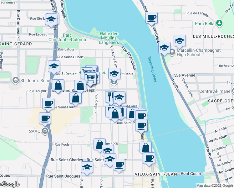 map of restaurants, bars, coffee shops, grocery stores, and more near 190 Rue Notre-Dame in Saint-Jean-sur-Richelieu
