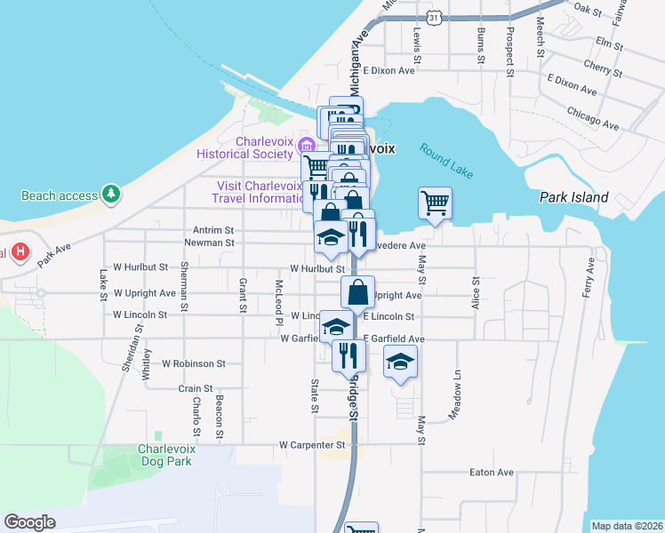 map of restaurants, bars, coffee shops, grocery stores, and more near 198 Hamilton Pl in Charlevoix