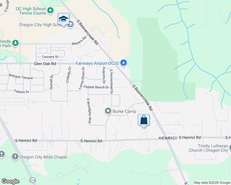 map of restaurants, bars, coffee shops, grocery stores, and more near 15085 Spy Glass Lane in Oregon City