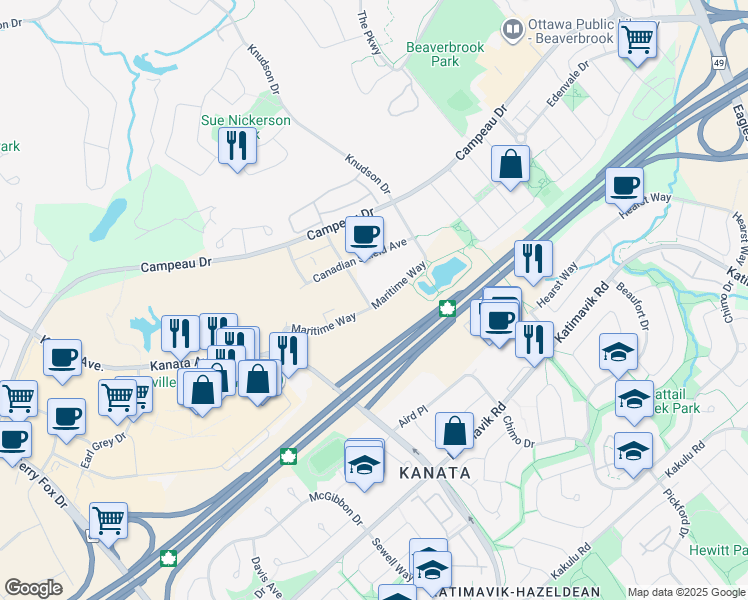 map of restaurants, bars, coffee shops, grocery stores, and more near 1203 Maritime Way in Ottawa