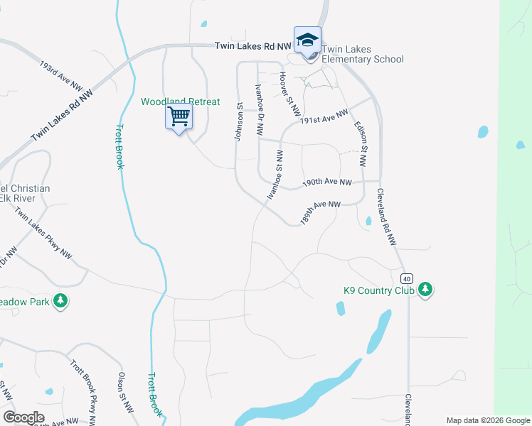 map of restaurants, bars, coffee shops, grocery stores, and more near 10120 189th Avenue Northwest in Elk River
