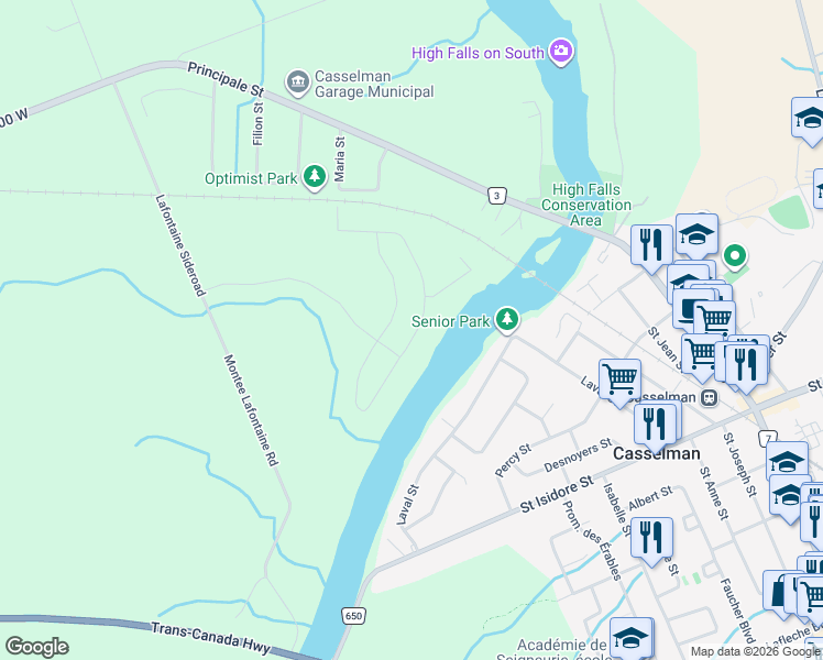 map of restaurants, bars, coffee shops, grocery stores, and more near 117 Argile Street in Casselman