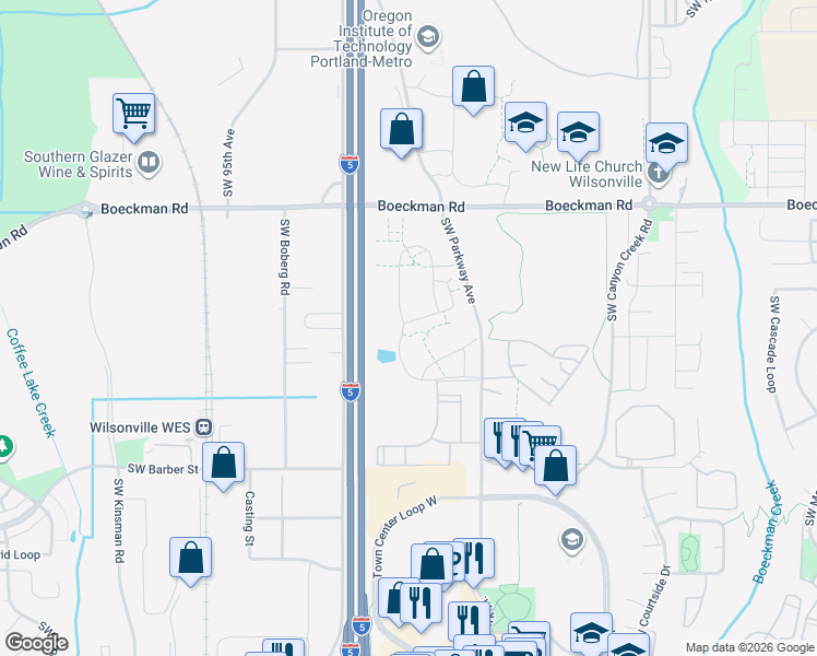 map of restaurants, bars, coffee shops, grocery stores, and more near 8800 Southwest Vale Court in Wilsonville