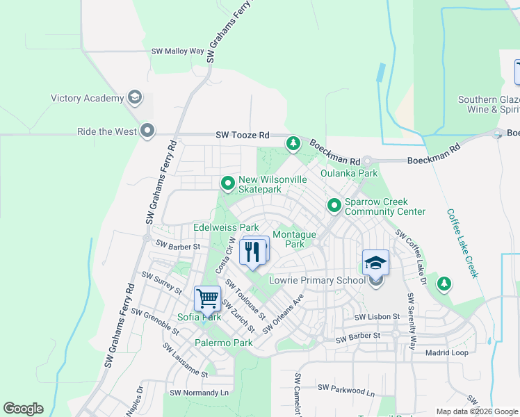 map of restaurants, bars, coffee shops, grocery stores, and more near 29032 Southwest Costa Circle East in Wilsonville