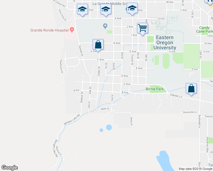 map of restaurants, bars, coffee shops, grocery stores, and more near 702 C Avenue in La Grande