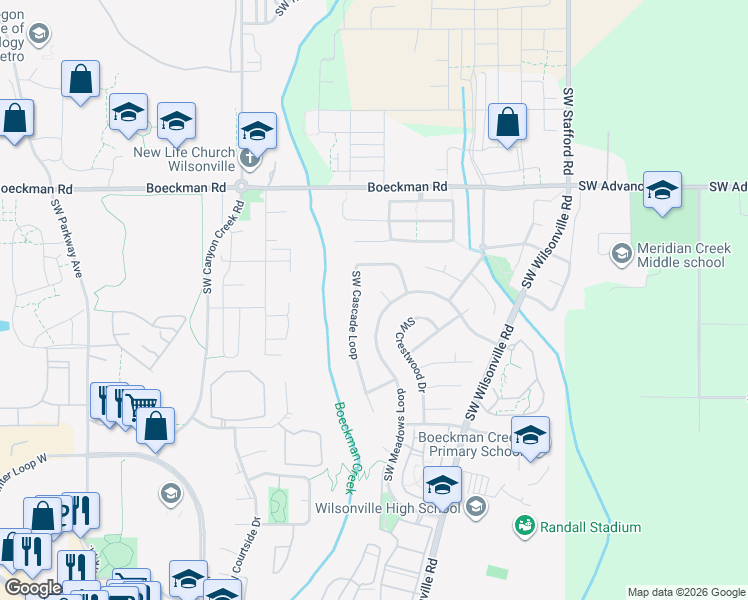 map of restaurants, bars, coffee shops, grocery stores, and more near 28580 Southwest Cascade Loop in Wilsonville